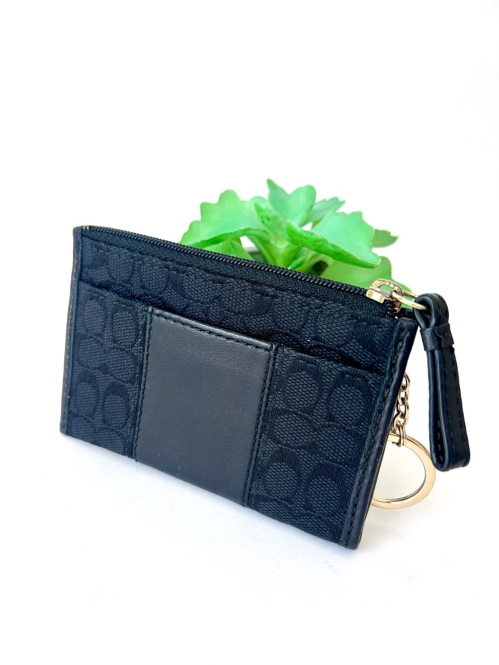 Coach Mini Signature Skinny Coin Purse Keychain Wallet ID Case Black Leather - Picture 2 of 5